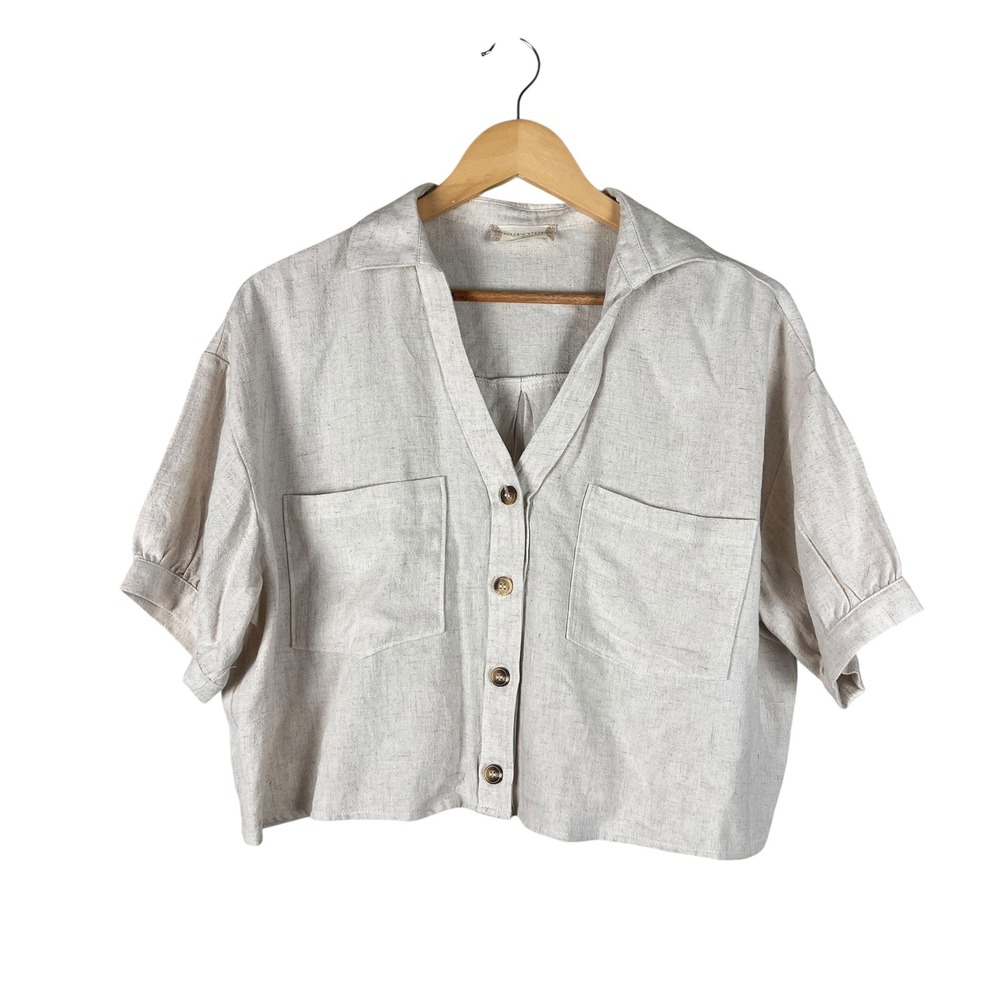 Altar'd State Womens Beige Linen Blend Cropped Button Down Top DZ22C826-23 S